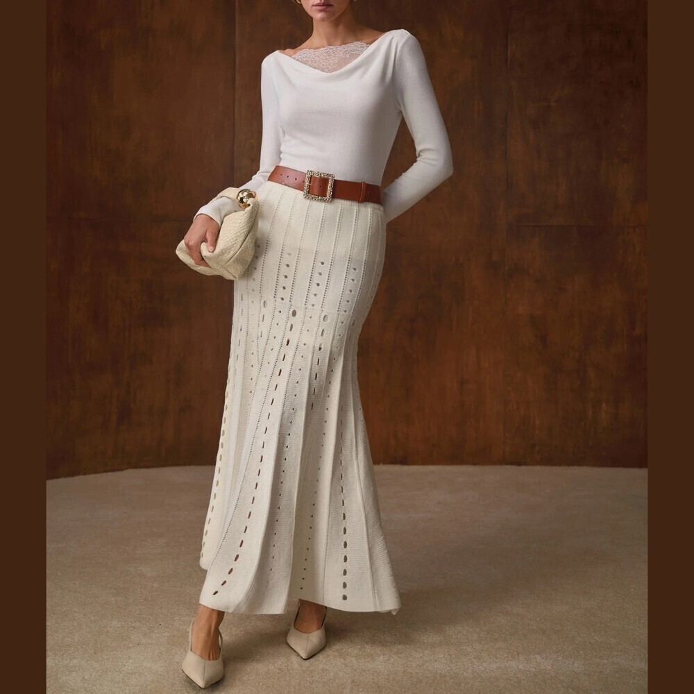 Cream Pointelle Knit Flared A-Line Maxi Skirt with Eyelet Stripes - Picture 5 of 8